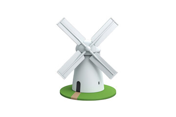 Fototapeta premium Windmill 3d rendering showing traditional mill structure with blades, a green base, and a path on a transparent background