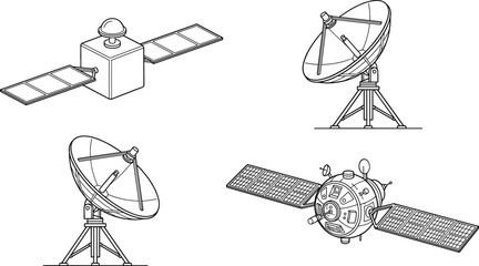 Satellite Communication Collection Vector Illustration Featuring Space Satellites and Radio Dish Antennas in Outline Style © Mst