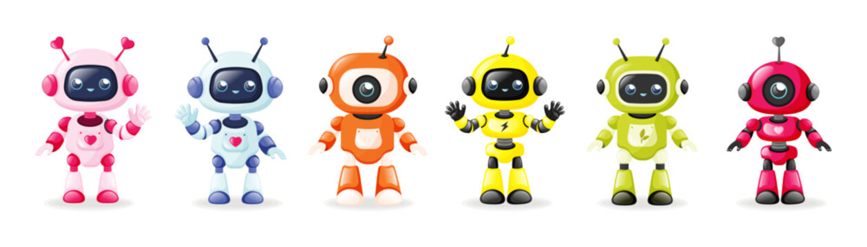Cute robot characters collection isolated on white background. Funny robot icons.Futuristic robots with faces in cartoon style. Adorable ai characters.Humanoid mascots concept. Vector illustration. 