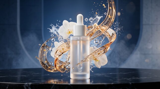 Frosted glass dropper bottle with gold liquid swirl and white orchids on black marble. Elegant facial serum or essential oil mockup for premium beauty brand marketing and skincare advertising