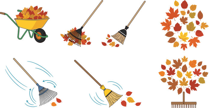 Autumn Garden Cleanup Vector Set with Wheelbarrow Rakes Brooms and Colorful Falling Foliage Leaves Graphic Design Elements
