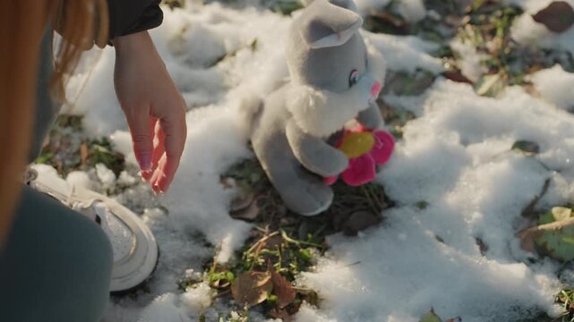 Hands gathering snow beside plush toy cautious reach hints snatcher tension closeup of bare hands forming snow near stuffed animal on leafstrewn ground sunlight glinting on crystals winter park