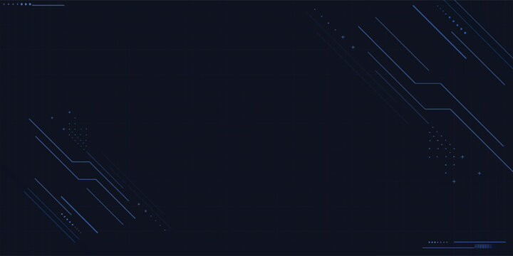 Professional minimalist abstract navy blue background featuring light blue futuristic HUD elements and technical circuit lines on the corners. Sleek dark blue design with subtle digital patterns and 