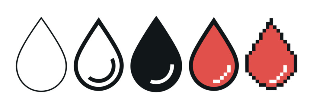 Water drop outline, filled, pixelated, and red variations symbol liquid fluid