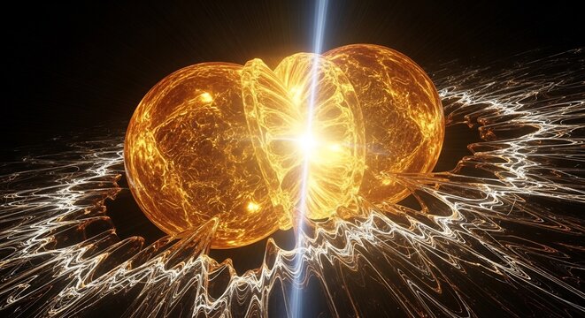 Abstract representation of nuclear fusion energy release with glowing plasma and light beams.