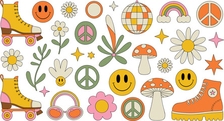 Fototapeta premium Boho retro sticker set featuring roller skates peace signs mushrooms and disco ball shapes