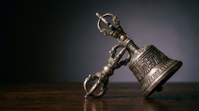 Tibetan Buddhist ritual bell and vajra dorje on a dark wooden table background.