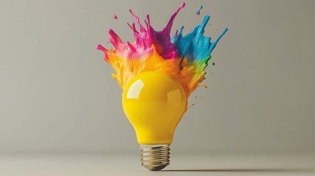 Colorful paint splash exploding from a yellow lightbulb.