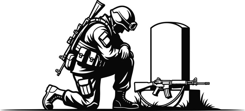 Soldier kneeling beside a headstone with a rifle