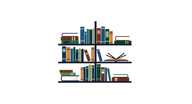 Modern bookshelf icon with colorful books. Flat design illustration of a full library shelf representing knowledge, education, and reading.