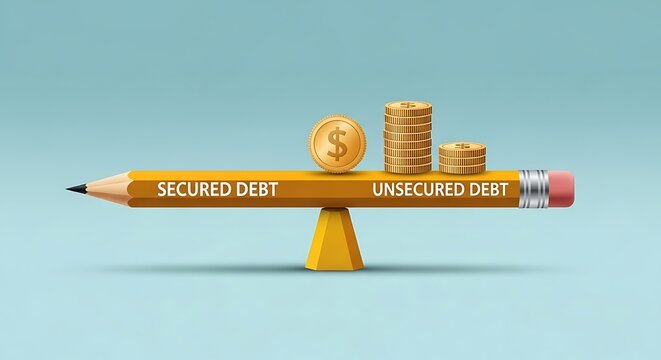 Secured debt and unsecured debt comparison, financial balance on yellow pencil scale, gold coins and money management concept on blue background