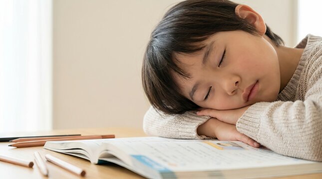 Tired young boy sleeping on his textbook while doing homework at home.