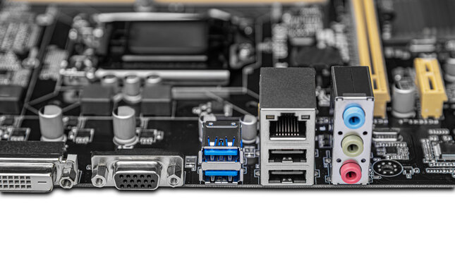 Input and output ports on a modern computer motherboard, showcasing the various connection interfaces and electronic components in high detail.