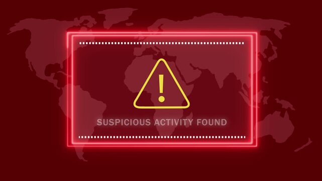 SUSPICIOUS ACTIVITY FOUND warning. Cybersecurity defense and system protection from hackers, secure digital systems, cyberattack prevention. on Black Background and features 4k Animation video