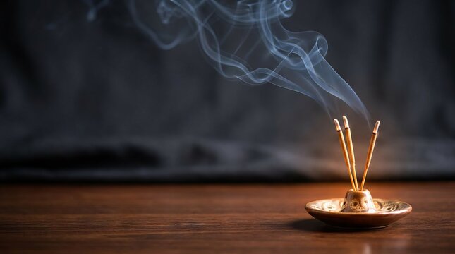 Burning incense sticks in a holder with rising smoke on a wooden table.