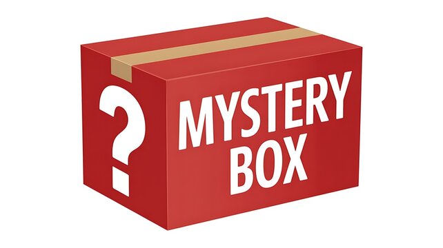 Red mystery box, question mark, surprise package, cardboard box