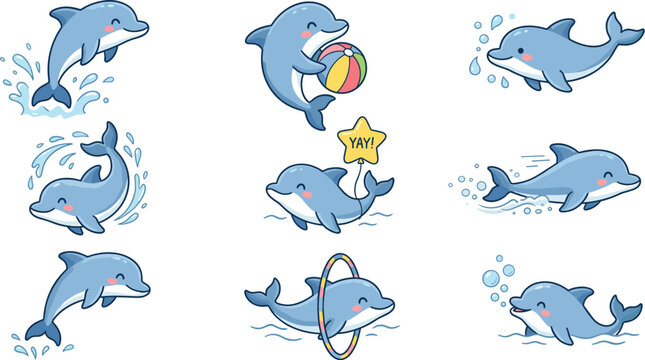 Cute dolphin cartoon character collection with jumping, swimming and playful ocean activities vector illustration set