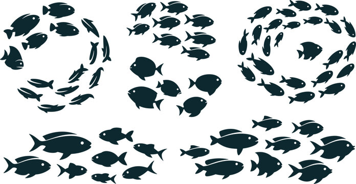 School of fish silhouettes swimming in circular and linear patterns dark aquatic graphics