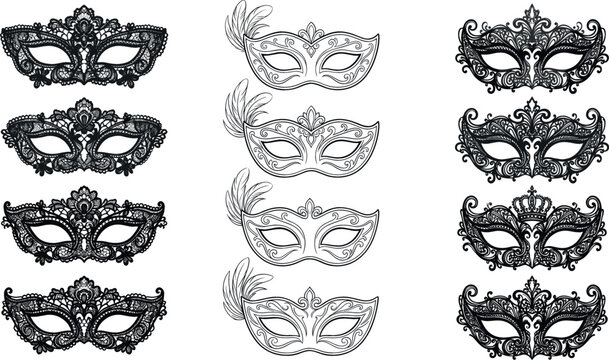 Elegant masquerade mask vector set featuring intricate lace patterns and feathered venetian styles for carnival, ball, party, and mysterious event graphic designs.