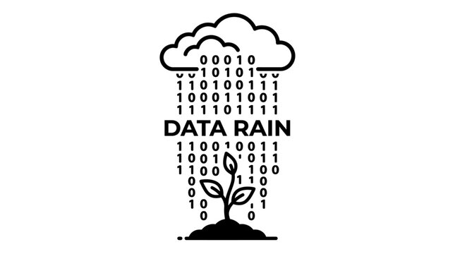 Data rain conceptual graphic with digital binary code cloud and growing plant.