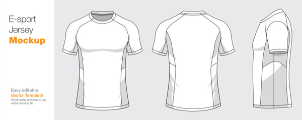 White t-shirt template for e-sport jersey design. Front, back, and side views shown. © SK design