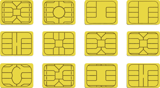 Gold EMV chip vector set for credit card, SIM card, and secure electronic payment technology icons and graphic designs.
