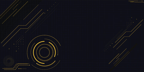 Premium luxury abstract black background featuring a golden HUD futuristic interface with concentric circles, digital data points, and elegant circuit lines. Sophisticated dark design with glowing © gdtg