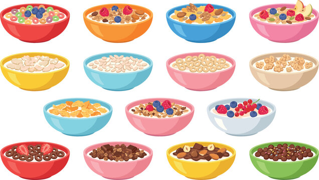 Healthy breakfast cereal bowls vector illustration with muesli oatmeal flakes fruits berries nuts yogurt cornflakes and granola isolated on white background
