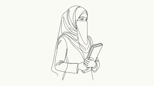 Minimalist continuous line drawing of a woman wearing a niqab holding a book.