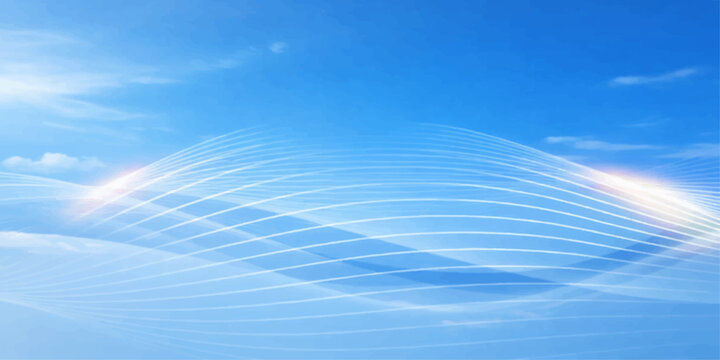 Abstract futuristic design featuring a blue sky background with clouds and a digital wave pattern of light lines and motion curves for a business technology web banner