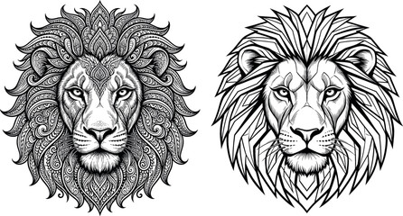 Intricate tribal lion head vector set featuring highly detailed mandala patterns and sharp geometric line art styles for tattoos, logos, branding, and creative posters. © MdMehedi