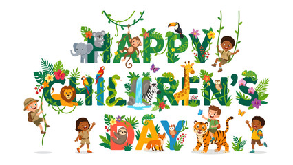 Obraz premium A Cheerful Children's Day: Delightful illustration of a cheerful Children's Day celebration, featuring lively children and adorable animals set amidst vibrant flora.