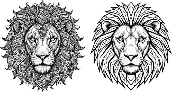 Intricate tribal lion head vector set featuring highly detailed mandala patterns and sharp geometric line art styles for tattoos, logos, branding, and creative posters.