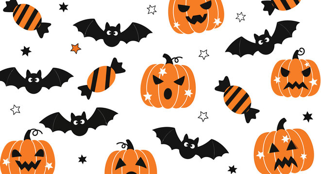 Whimsical Halloween Collection With Orange Pumpkins Flying Bats and Striped Candies on White Background