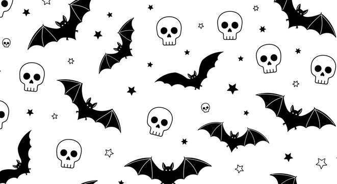 Black Bats Flying Among Minimalist White Skulls and Tiny Stars for a Clean Halloween Pattern