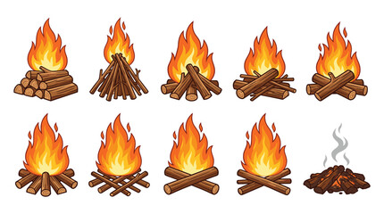 Campfire and Bonfire Illustration Set with Burning Wood Flame Designs for Outdoor Camping and Survival Themes. © Creative Studio 