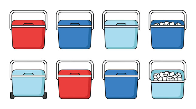 Portable Cooler Box Illustration Set with Ice Storage Containers and Camping Cooler Designs for Outdoor Travel and Picnic Use.