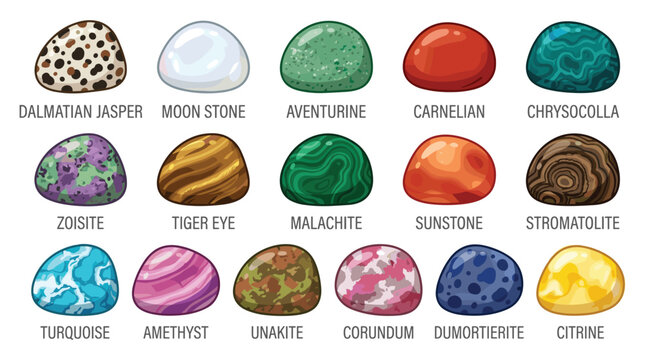 Gemstone and Crystal Illustration Set with Jasper, Amethyst, Turquoise, Citrine, and Natural Mineral Rock Designs.