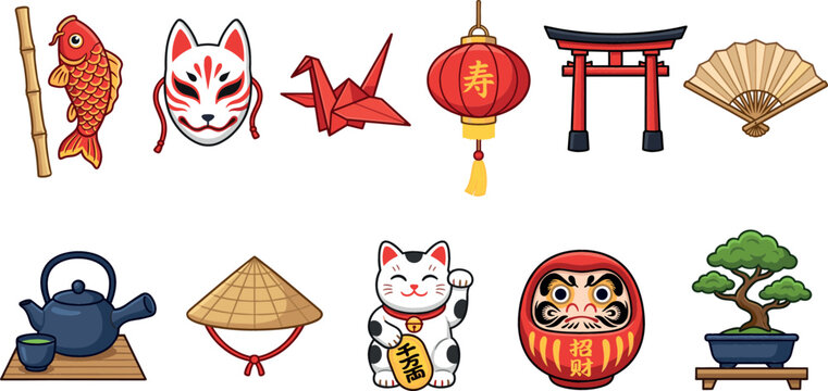 Japanese culture vector set featuring Maneki Neko, Torii gate, bonsai tree, origami crane, and traditional lanterns for travel and heritage designs.