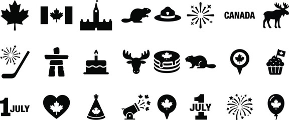 Canada Day Celebration Icons Black and White Silhouettes © MdRakibul