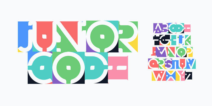 Junior Code Font Logo Alphabet Vector English Letter Set Modern Typography, Creative Typographic Design for Kid Edtech Title Text, Children STEM School Typo Poster Headline. Vector Typeface