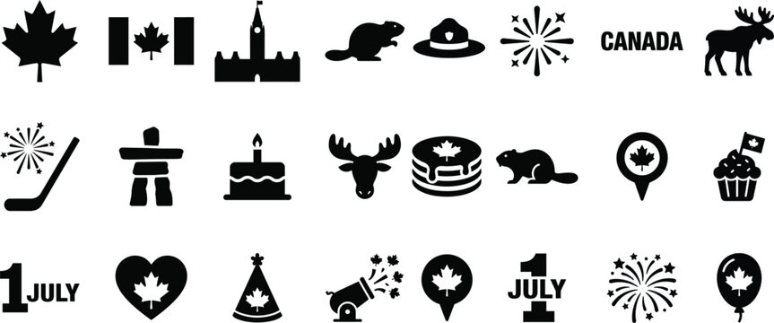 Canada Day Celebration Icons Black and White Silhouettes