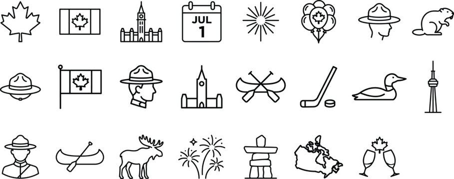 Canada Day celebration icons and symbols