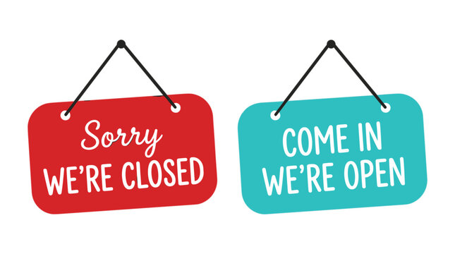 Open and Closed Hanging Sign Illustration Set with Business Store Status Boards for Shop Entrance and Retail Designs.