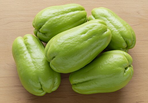 Fresh chayote squash displayed on a light wooden surface vibrant green color