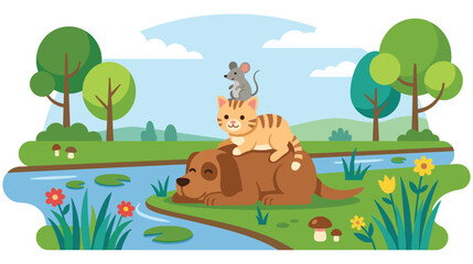 Fototapeta premium Friendly dog cat and mouse relax by river in green park.