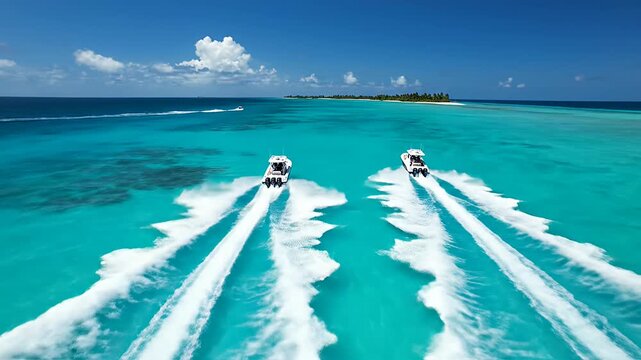 Two speedboats racing through turquoise tropical ocean water