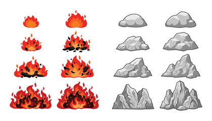 Cartoon Fire and Rock Illustration Set with Burning Flame Effects, Stone Elements, and Fantasy Game Asset Designs. © Creative Studio 