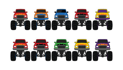Monster Truck Cartoon Illustration Set with Colorful Off Road Vehicles and Oversized Tire Designs for Kids and Racing Themes. © Creative Studio 