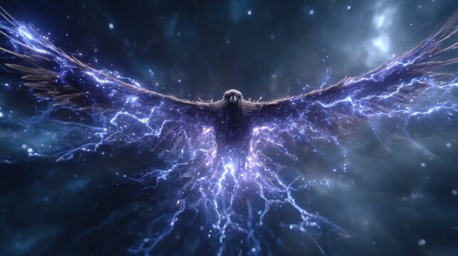Raptor soars, electric wings, cosmic